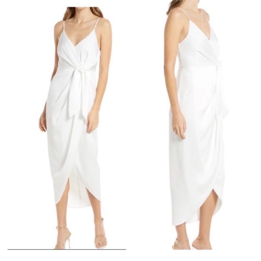 Shona Joy White Satin Lux Tie Front Cocktail Midi Dress